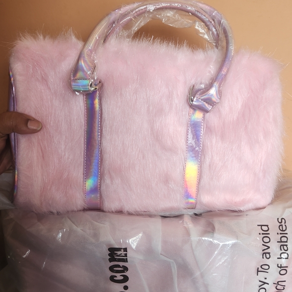 Sugar Thrillz Handbags - Sugar Thrillz Pink Furry Shaggadelic Bag Set with Iridescent Straps